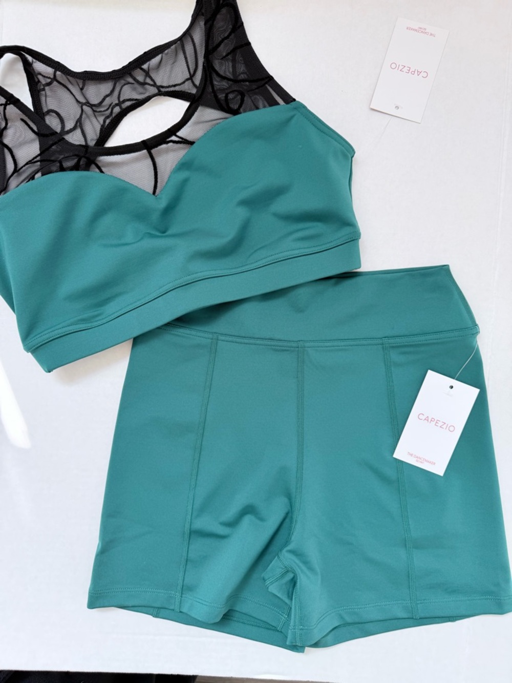 Capezio dark green Mesh-Back Crop Tank and High-Waist bike Shorts